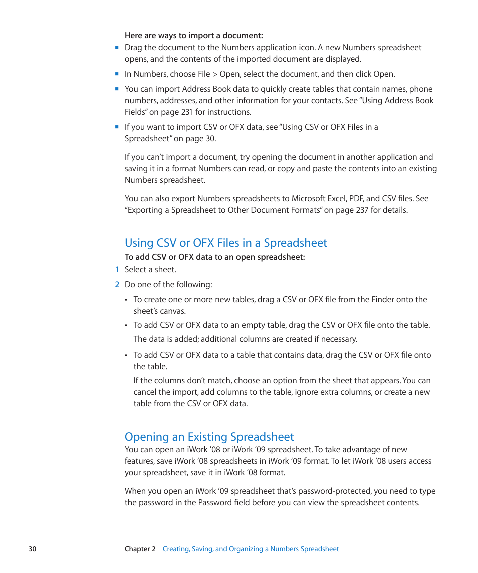 Using csv or ofx files in a spreadsheet, Opening an existing spreadsheet, 30 t | Apple Numbers '09 User Manual | Page 30 / 254