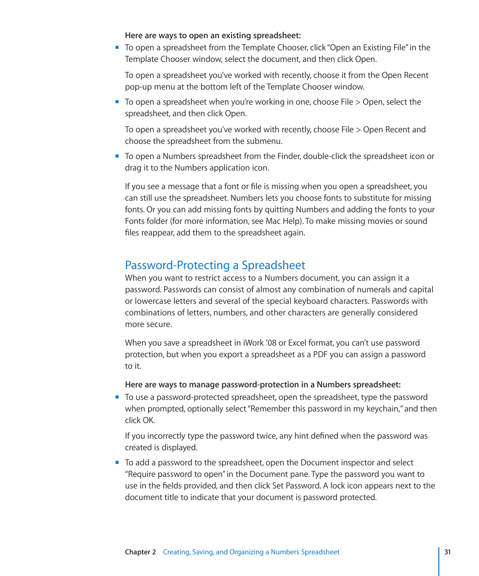 Password-protecting a spreadsheet | Apple Numbers '09 User Manual | Page 31 / 254