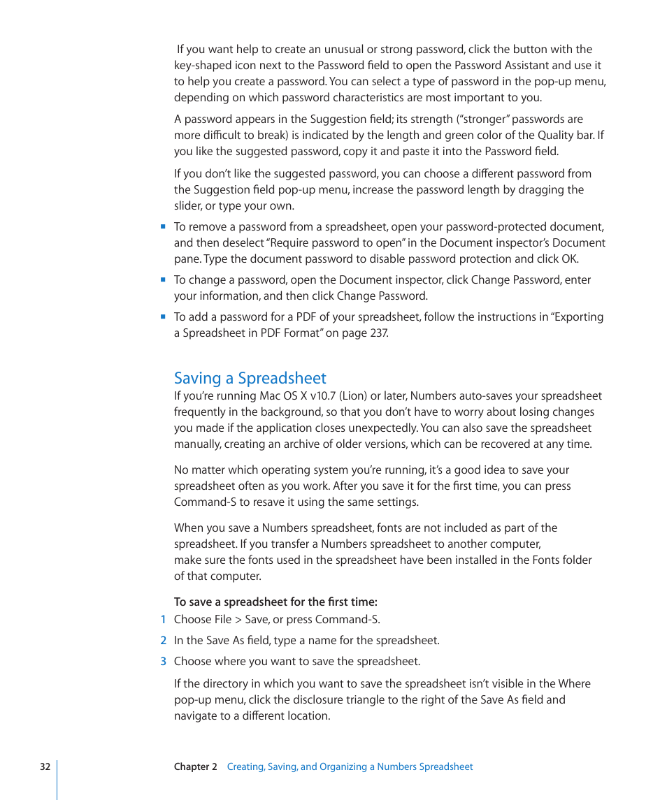 Saving a spreadsheet, 32 saving a spreadsheet | Apple Numbers '09 User Manual | Page 32 / 254