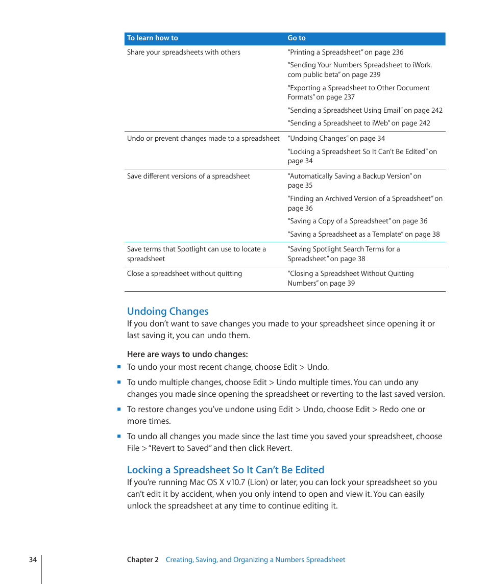 Undoing changes, Locking a spreadsheet so it can’t be edited | Apple Numbers '09 User Manual | Page 34 / 254