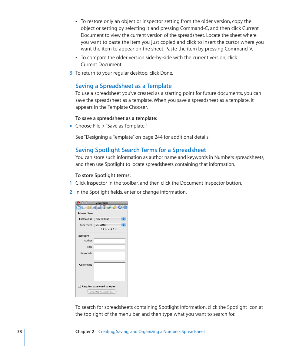 Saving a spreadsheet as a template, Saving spotlight search terms for a spreadsheet | Apple Numbers '09 User Manual | Page 38 / 254