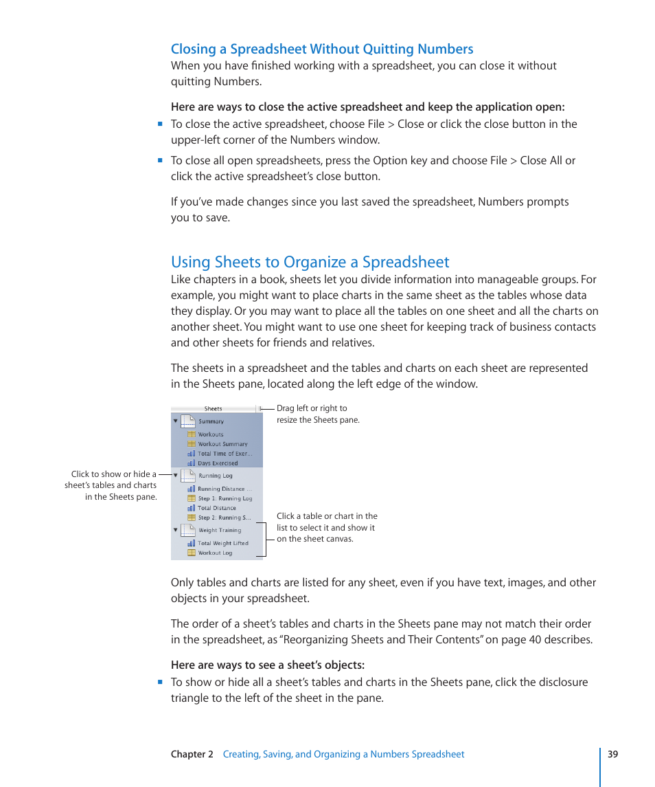 Closing a spreadsheet without quitting numbers, Using sheets to organize a spreadsheet, 39 using sheets to organize a spreadsheet | 39 f | Apple Numbers '09 User Manual | Page 39 / 254