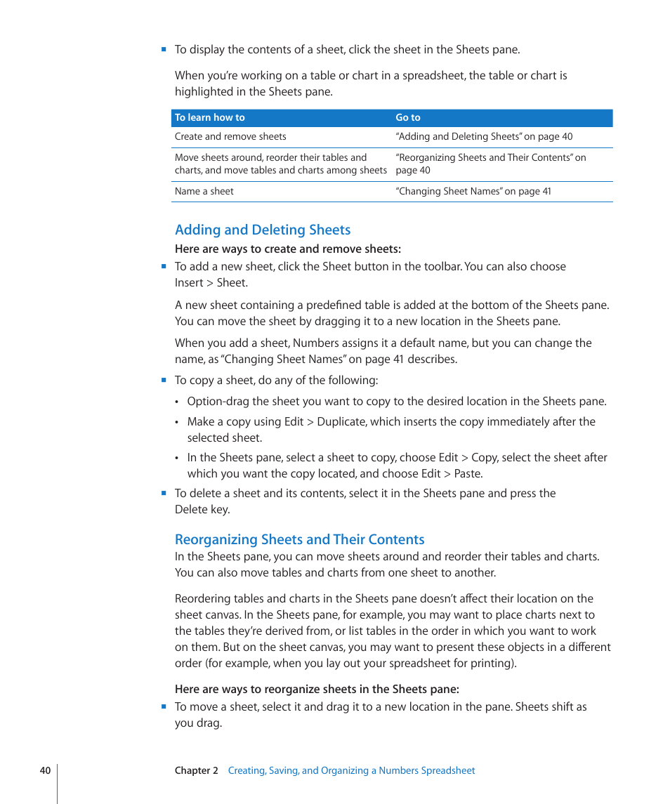 Adding and deleting sheets, Reorganizing sheets and their contents | Apple Numbers '09 User Manual | Page 40 / 254