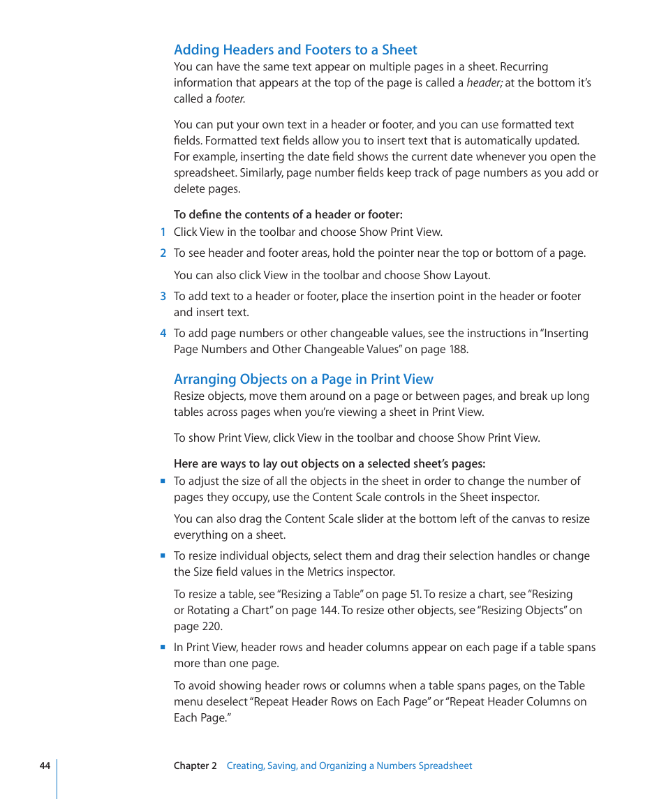 Adding headers and footers to a sheet, Arranging objects on a page in print view | Apple Numbers '09 User Manual | Page 44 / 254