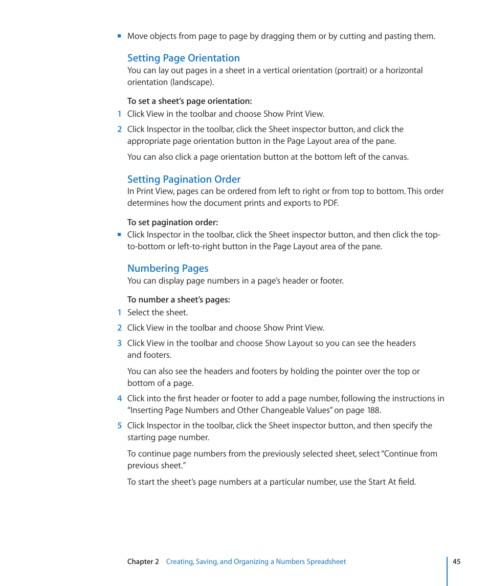 Setting page orientation, Setting pagination order, Numbering pages | Apple Numbers '09 User Manual | Page 45 / 254