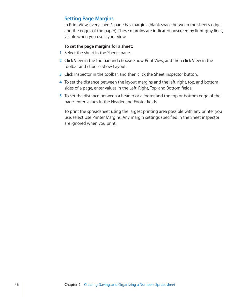 Setting page margins | Apple Numbers '09 User Manual | Page 46 / 254