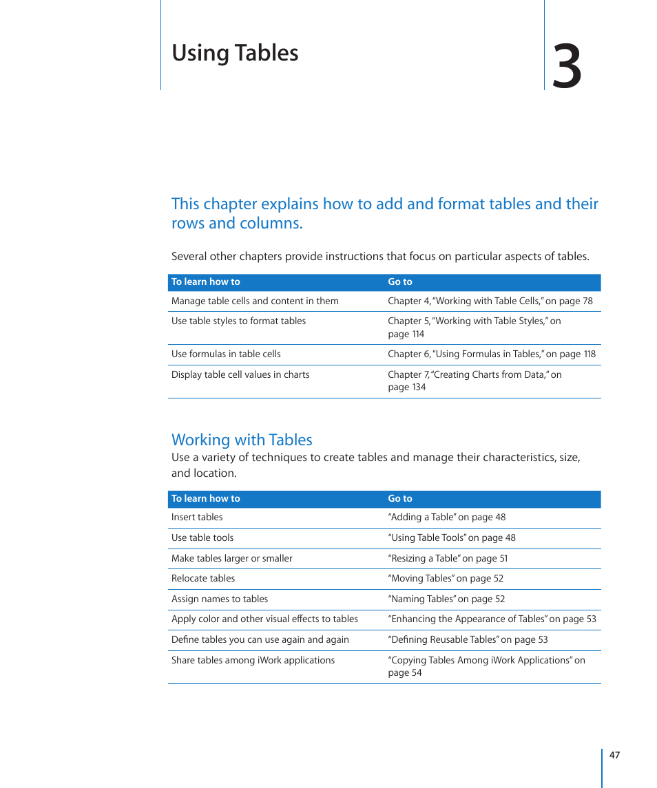 Chapter 3: using tables, Working with tables, Chapter 3: using tables | 47 working with tables, Using tables | Apple Numbers '09 User Manual | Page 47 / 254