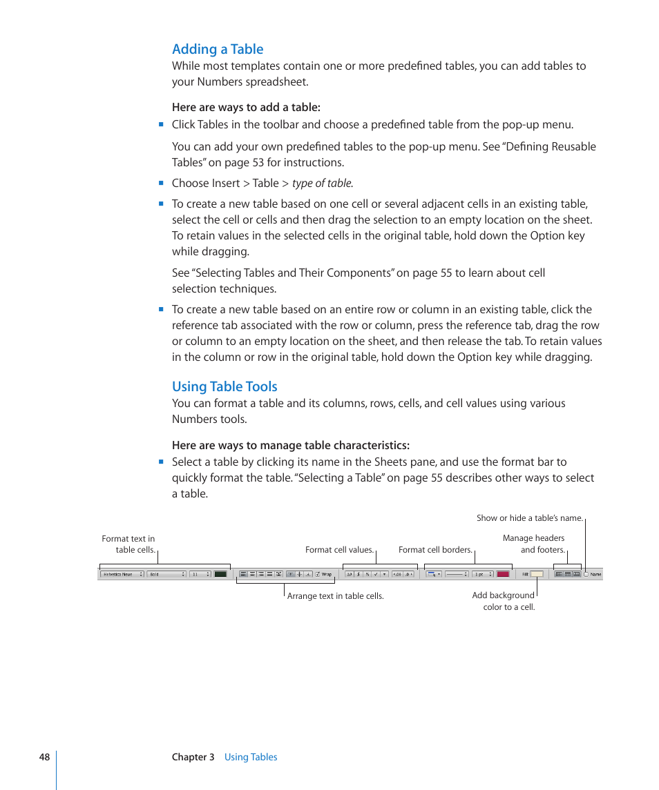 Adding a table, Using table tools | Apple Numbers '09 User Manual | Page 48 / 254