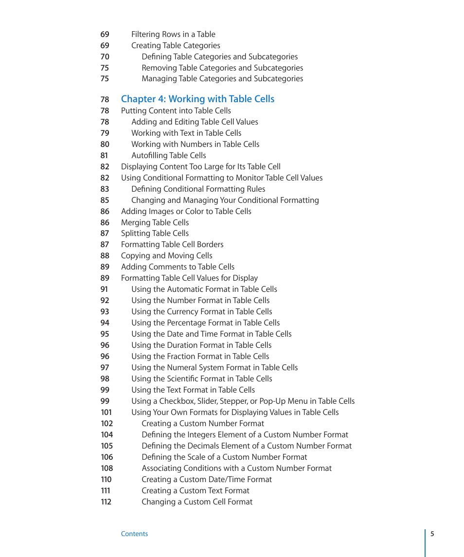 Chapter 4: working with table cells | Apple Numbers '09 User Manual | Page 5 / 254