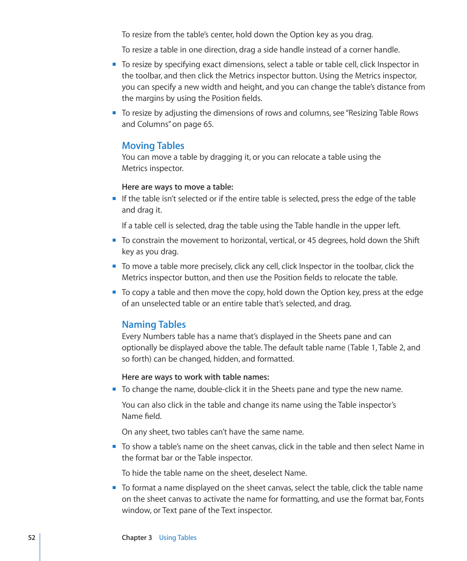 Moving tables, Naming tables, 52 and | Apple Numbers '09 User Manual | Page 52 / 254