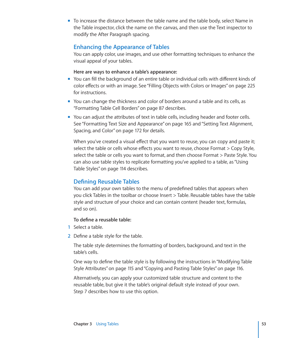 Enhancing the appearance of tables, Defining reusable tables, 53 f | Apple Numbers '09 User Manual | Page 53 / 254