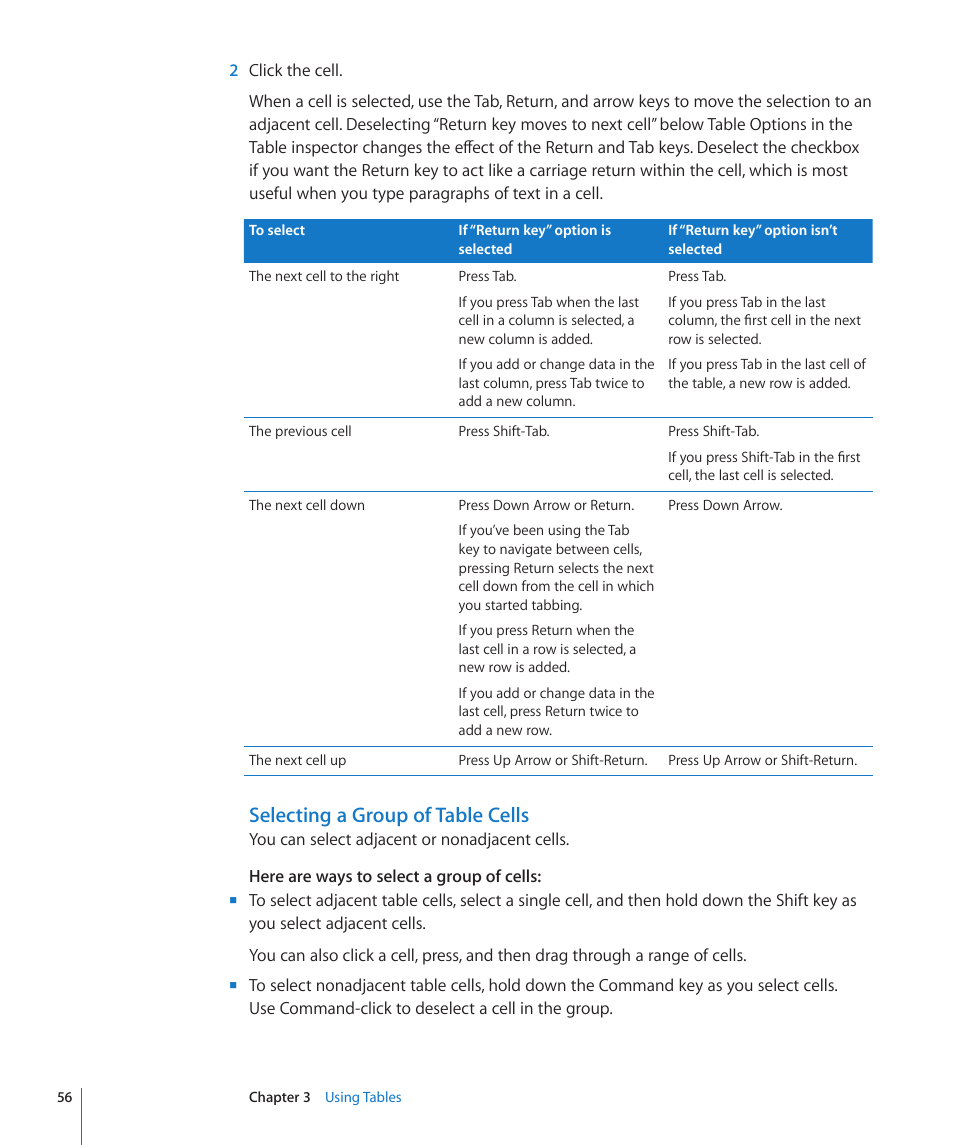 Selecting a group of table cells | Apple Numbers '09 User Manual | Page 56 / 254