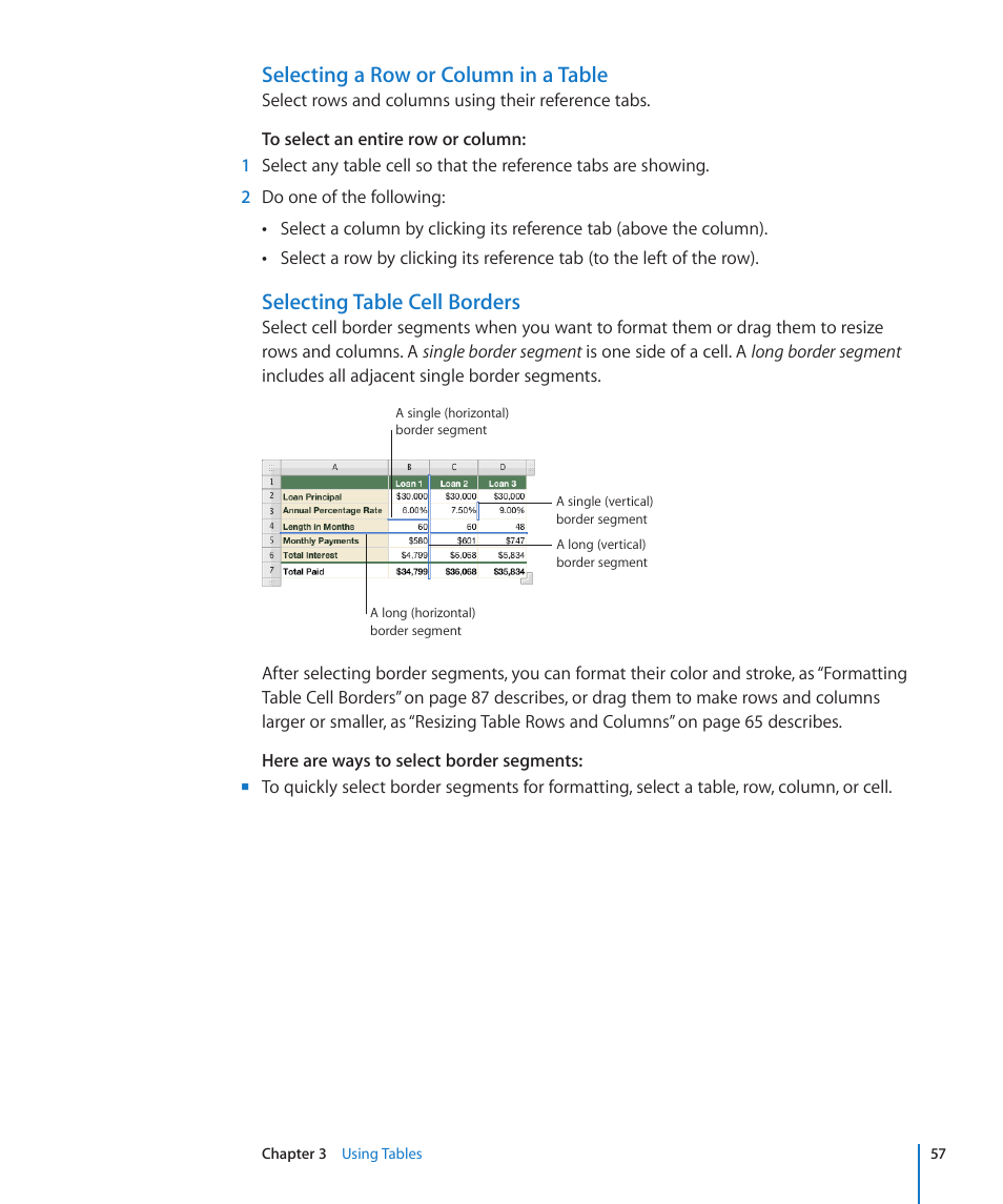 Selecting a row or column in a table, Selecting table cell borders | Apple Numbers '09 User Manual | Page 57 / 254