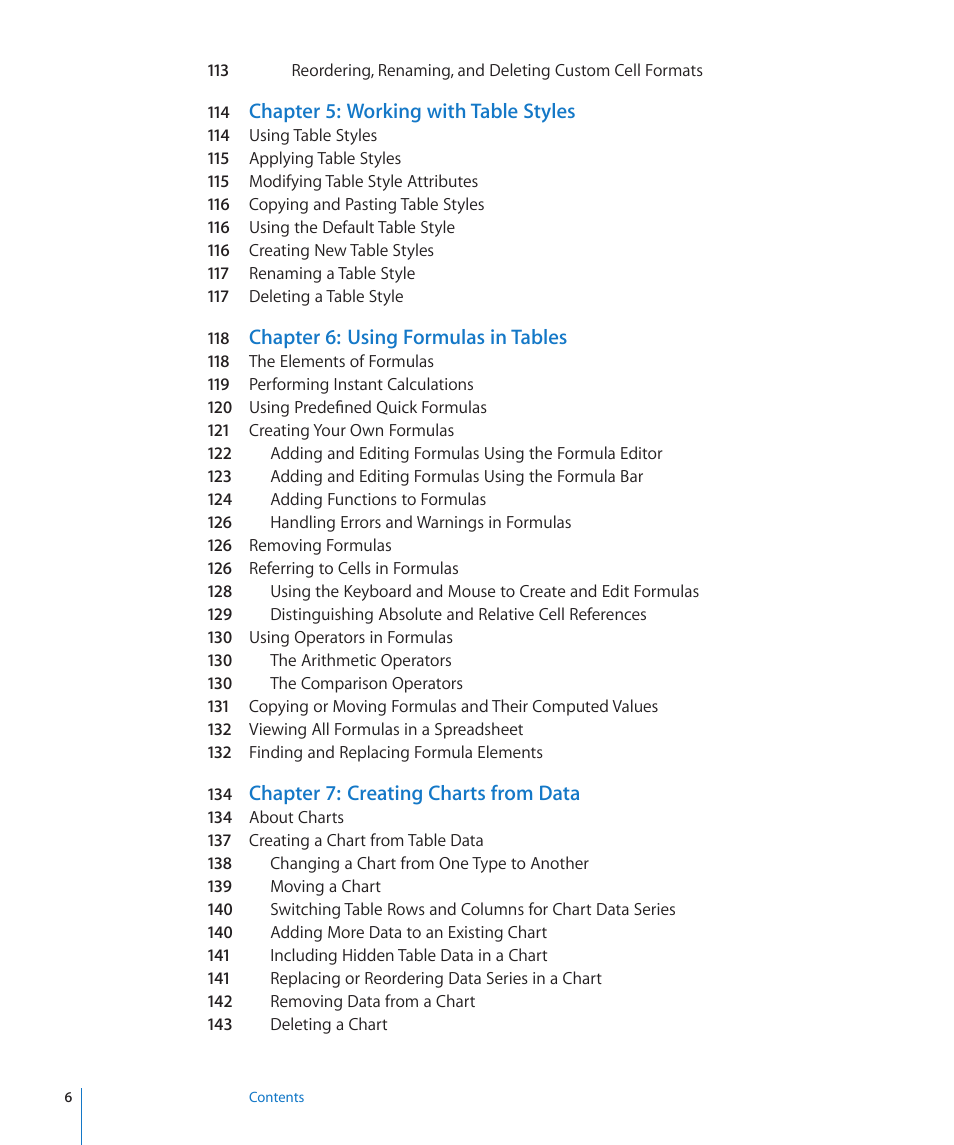 Chapter 5: working with table styles, Chapter 6: using formulas in tables, Chapter 7: creating charts from data | Apple Numbers '09 User Manual | Page 6 / 254