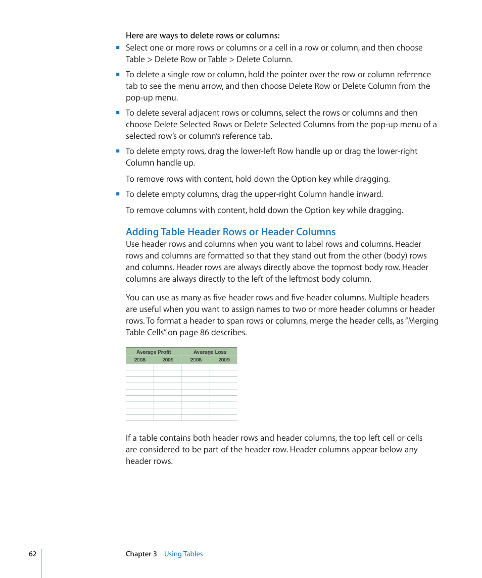 Adding table header rows or header columns | Apple Numbers '09 User Manual | Page 62 / 254