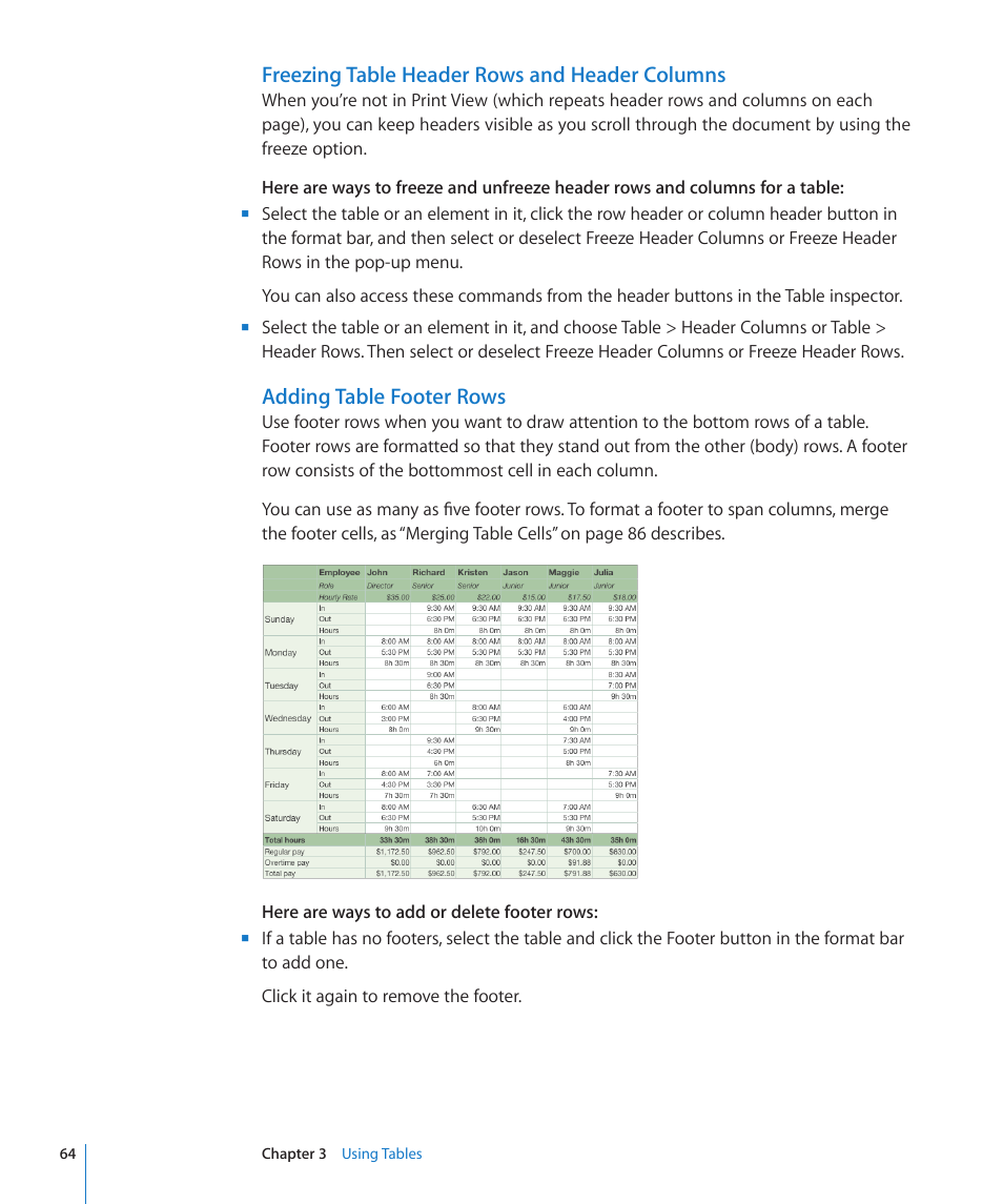Freezing table header rows and header columns, Adding table footer rows | Apple Numbers '09 User Manual | Page 64 / 254