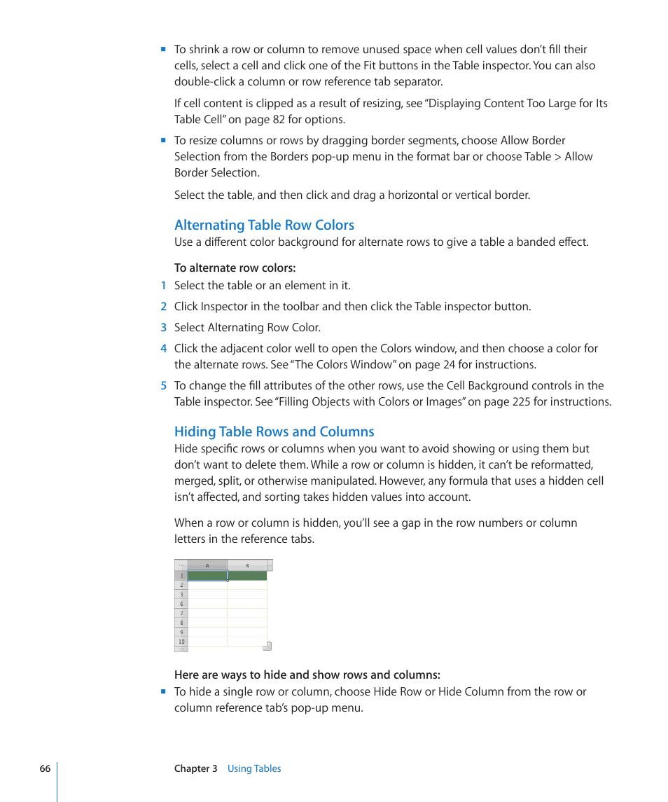 Alternating table row colors, Hiding table rows and columns | Apple Numbers '09 User Manual | Page 66 / 254