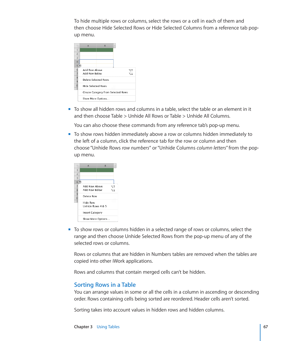 Sorting rows in a table | Apple Numbers '09 User Manual | Page 67 / 254