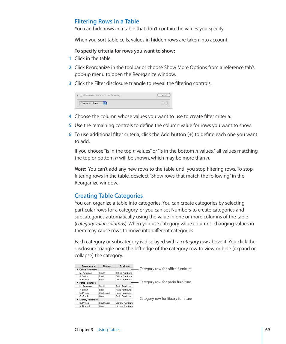 Filtering rows in a table, Creating table categories | Apple Numbers '09 User Manual | Page 69 / 254