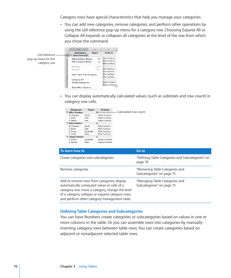 Defining table categories and subcategories | Apple Numbers '09 User Manual | Page 70 / 254