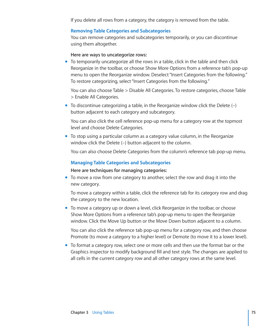 Removing table categories and subcategories, Managing table categories and subcategories | Apple Numbers '09 User Manual | Page 75 / 254