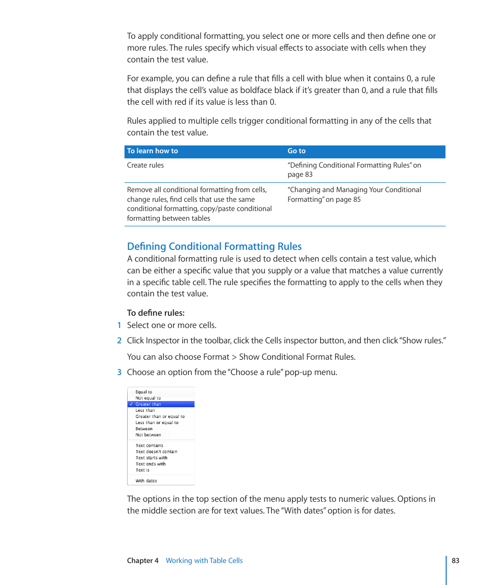 Defining conditional formatting rules | Apple Numbers '09 User Manual | Page 83 / 254