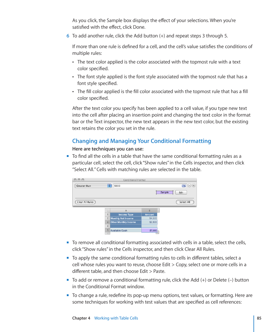 Changing and managing your conditional formatting | Apple Numbers '09 User Manual | Page 85 / 254