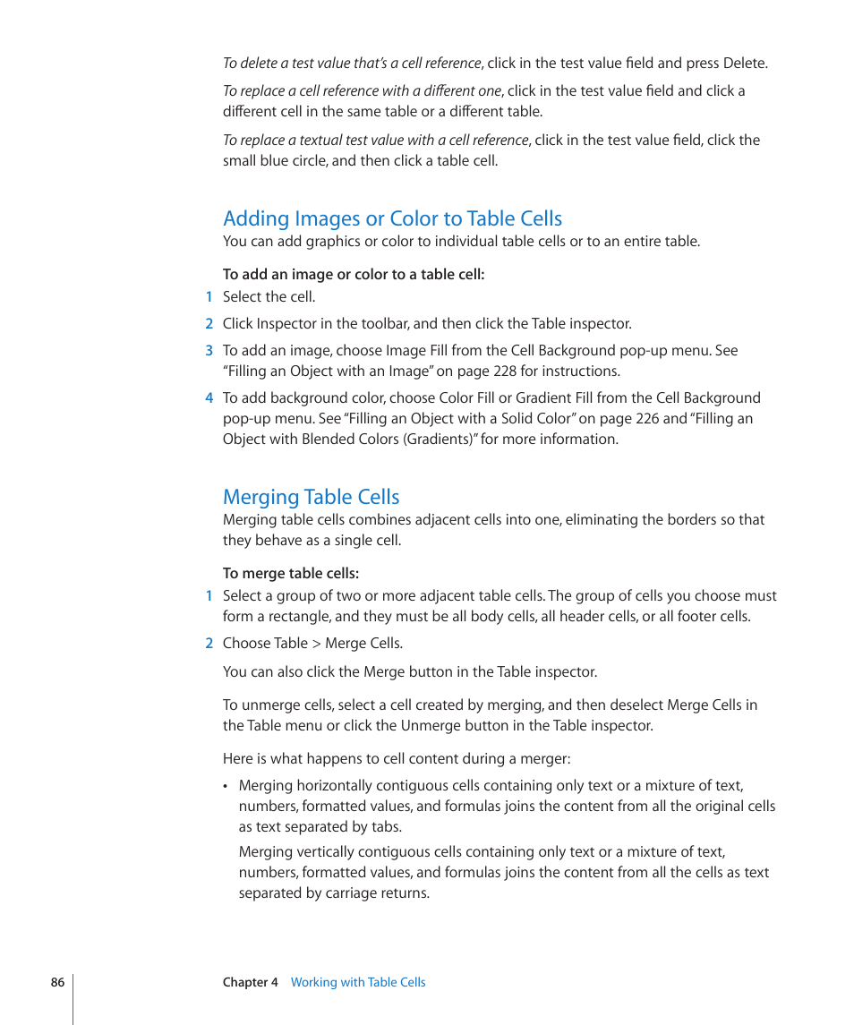 Adding images or color to table cells, Merging table cells | Apple Numbers '09 User Manual | Page 86 / 254