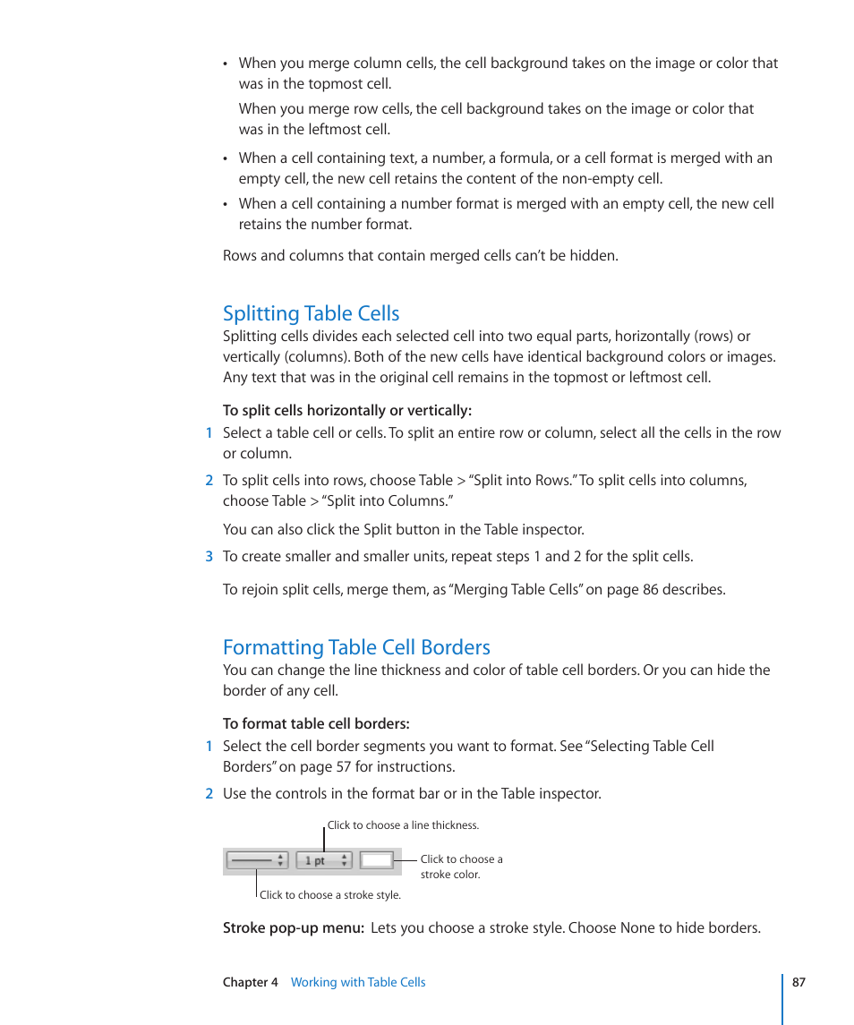 Splitting table cells, Formatting table cell borders, 87 or | 87 de, 87 e | Apple Numbers '09 User Manual | Page 87 / 254