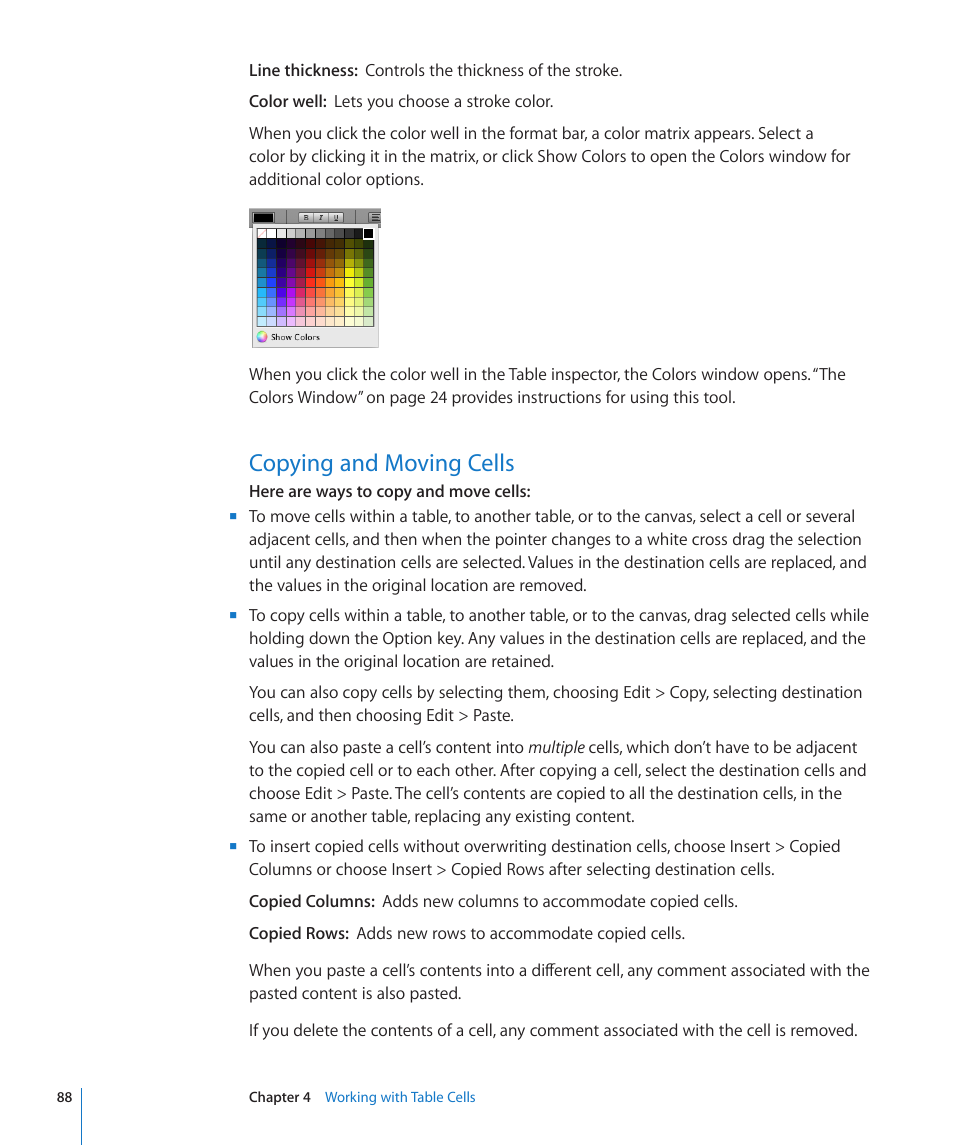 Copying and moving cells, 88 copying and moving cells, Copying and moving | Cells | Apple Numbers '09 User Manual | Page 88 / 254