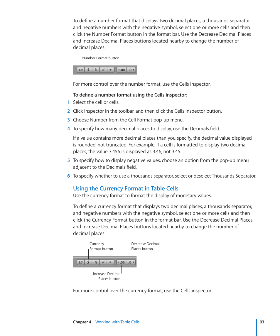 Using the currency format in table cells | Apple Numbers '09 User Manual | Page 93 / 254