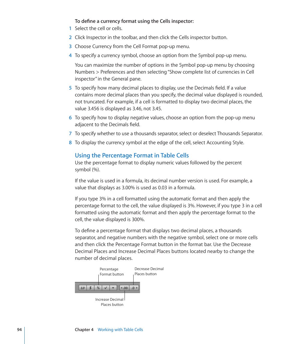 Using the percentage format in table cells | Apple Numbers '09 User Manual | Page 94 / 254