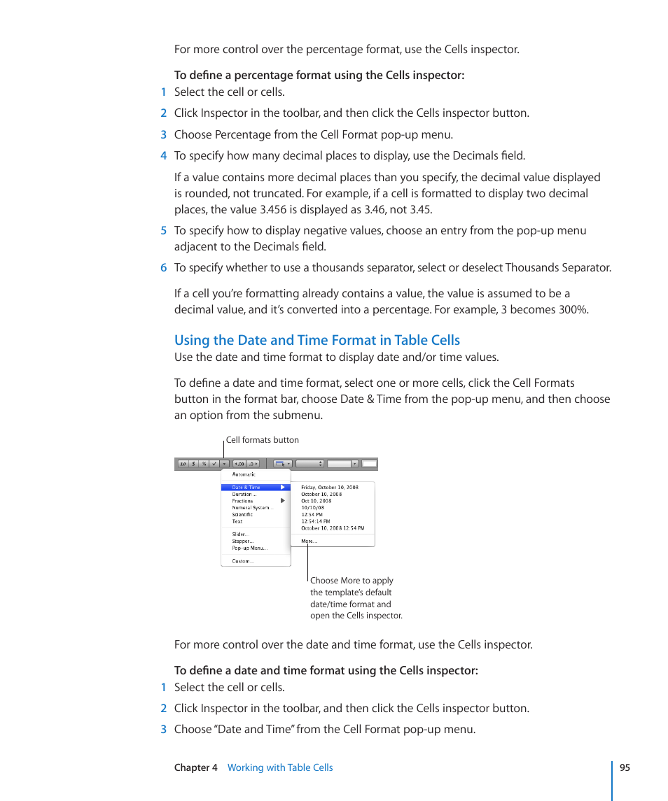 Using the date and time format in table cells | Apple Numbers '09 User Manual | Page 95 / 254