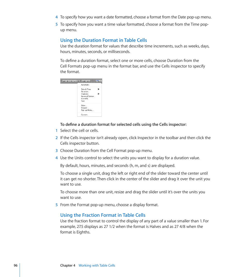 Using the duration format in table cells, Using the fraction format in table cells | Apple Numbers '09 User Manual | Page 96 / 254