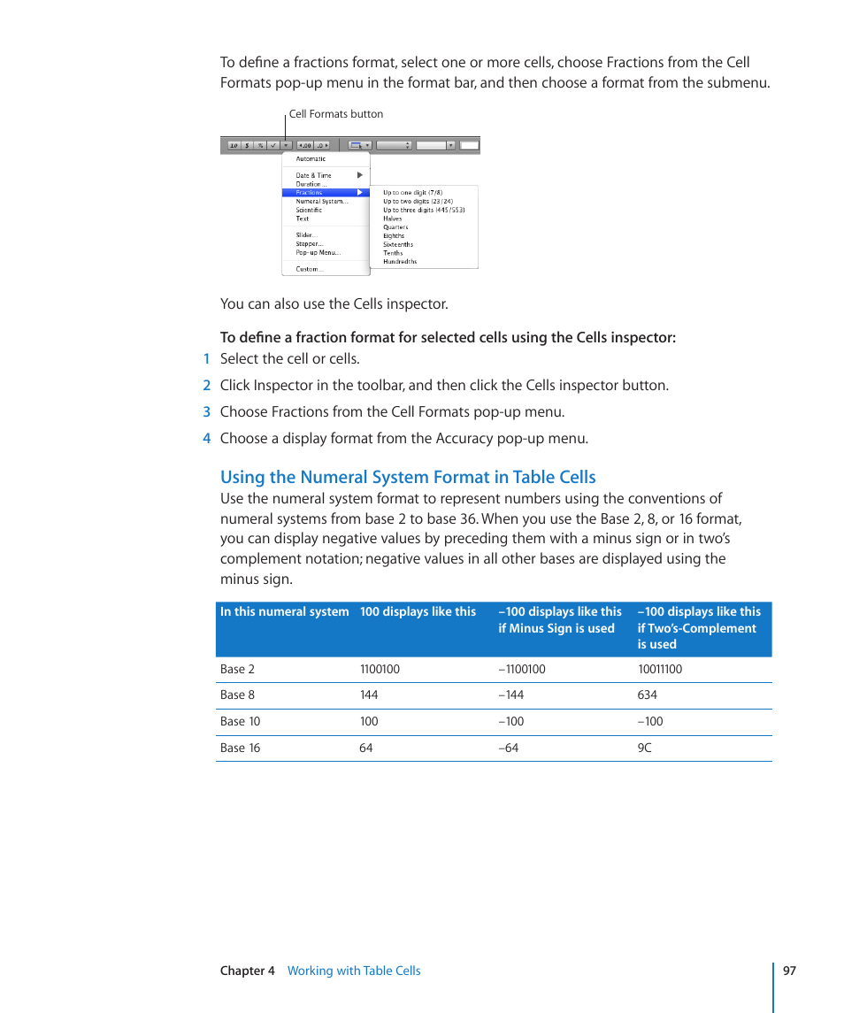 Using the numeral system format in table cells | Apple Numbers '09 User Manual | Page 97 / 254