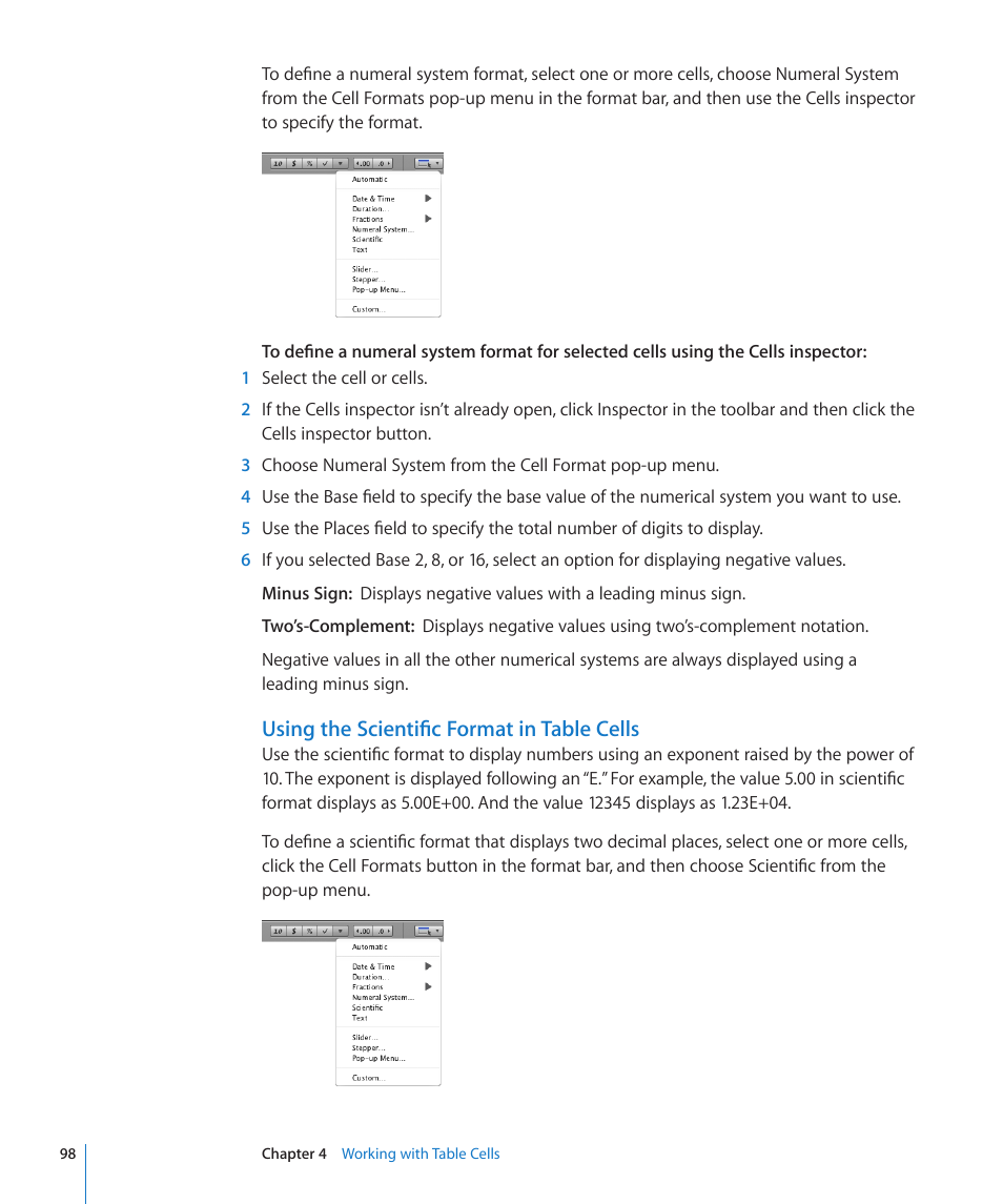 Using the scientific format in table cells | Apple Numbers '09 User Manual | Page 98 / 254