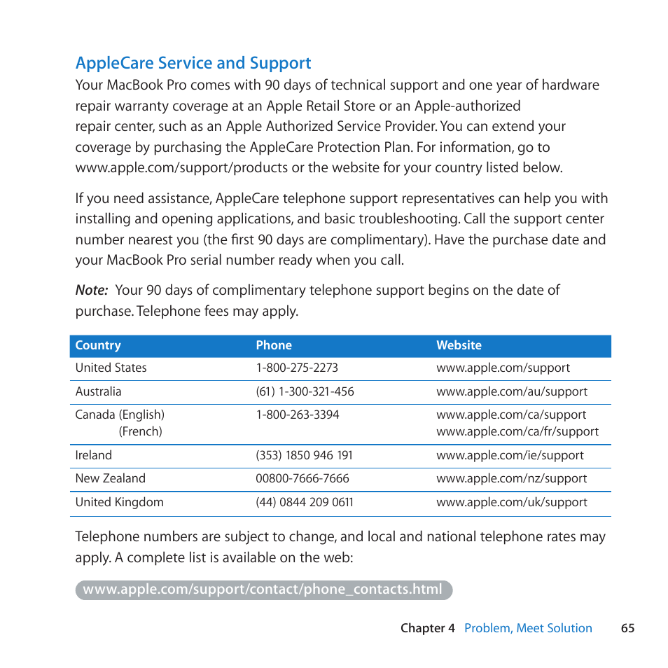 Applecare service and support | Apple MacBook Pro (13-inch, Early 2011) User Manual | Page 65 / 88