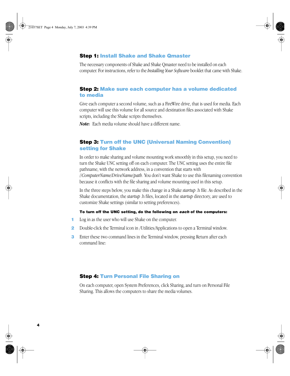 Step1: install shake and shakeqmaster, Step4: turn personal file sharing on | Apple Shake Distributed Rendering (10.2) User Manual | Page 4 / 14