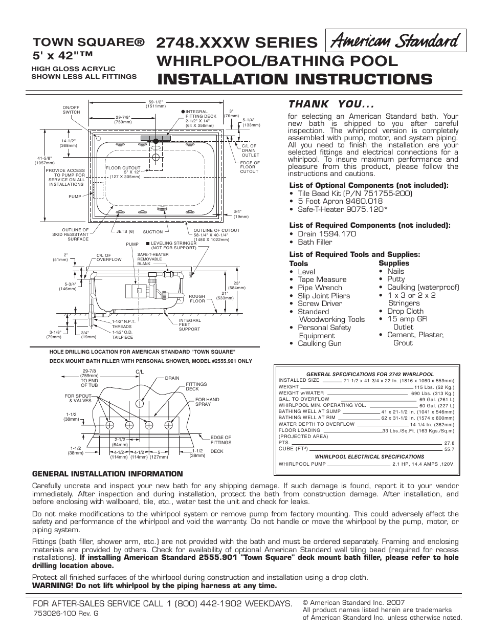 American Standard Whirlpool/Bathing Pool 2748.XXXW User Manual | 4 pages