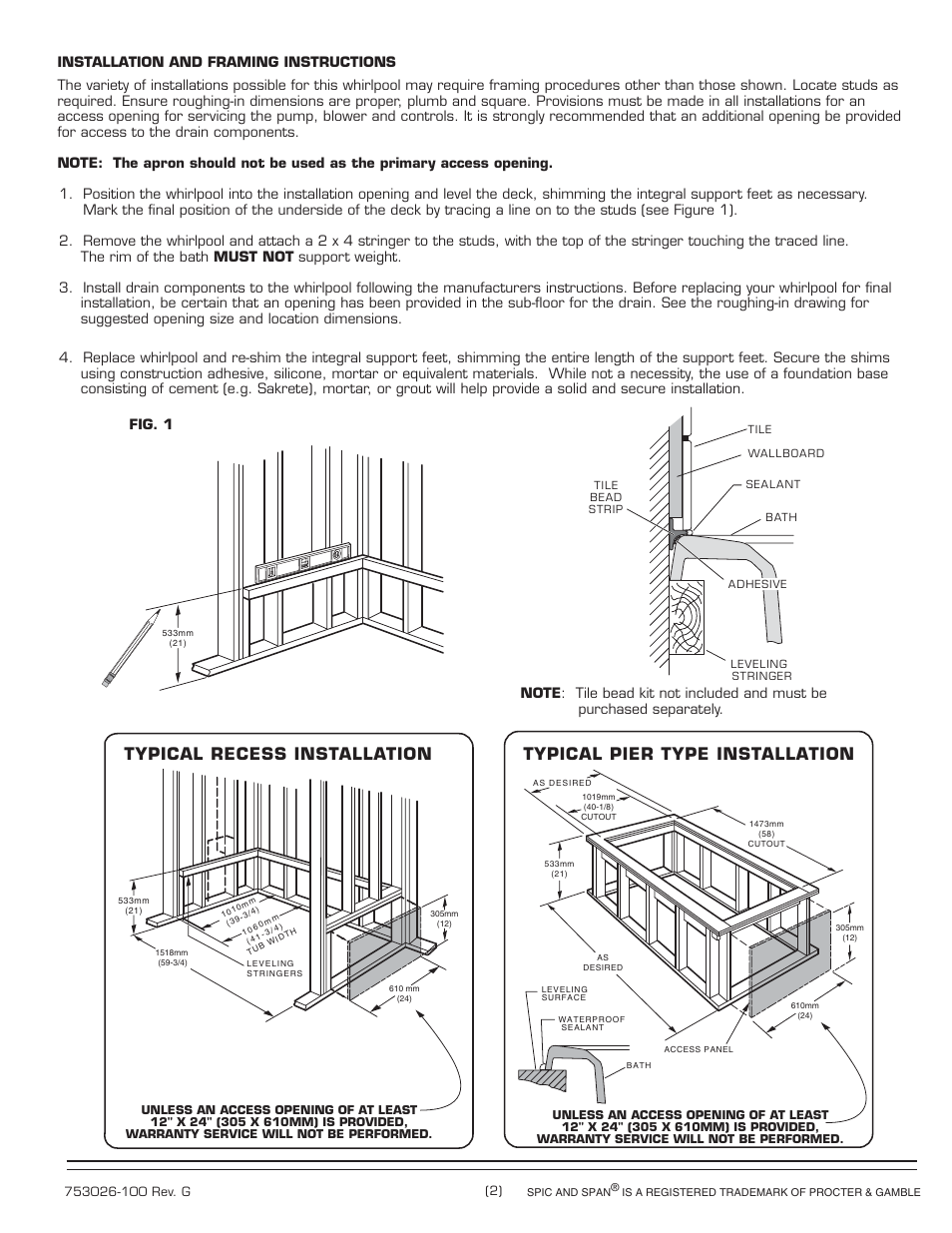 Typical recess installation, Typical pier type installation | American Standard Whirlpool/Bathing Pool 2748.XXXW User Manual | Page 2 / 4