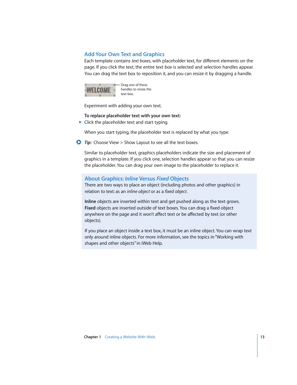 Add your own text and graphics | Apple iWeb User Manual | Page 13 / 37