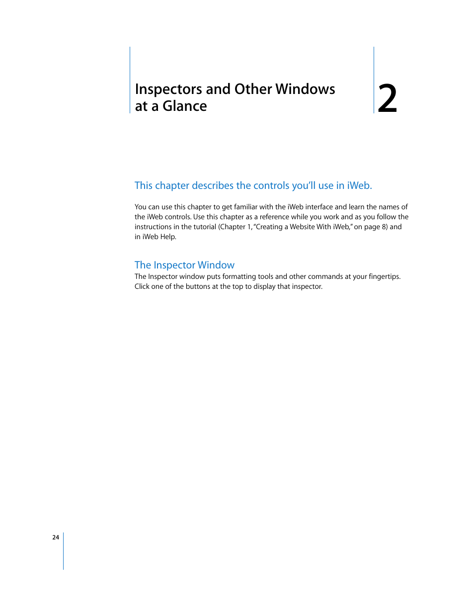 Inspectors and other windows at a glance, The inspector window, Chapter 2 | Apple iWeb User Manual | Page 24 / 37