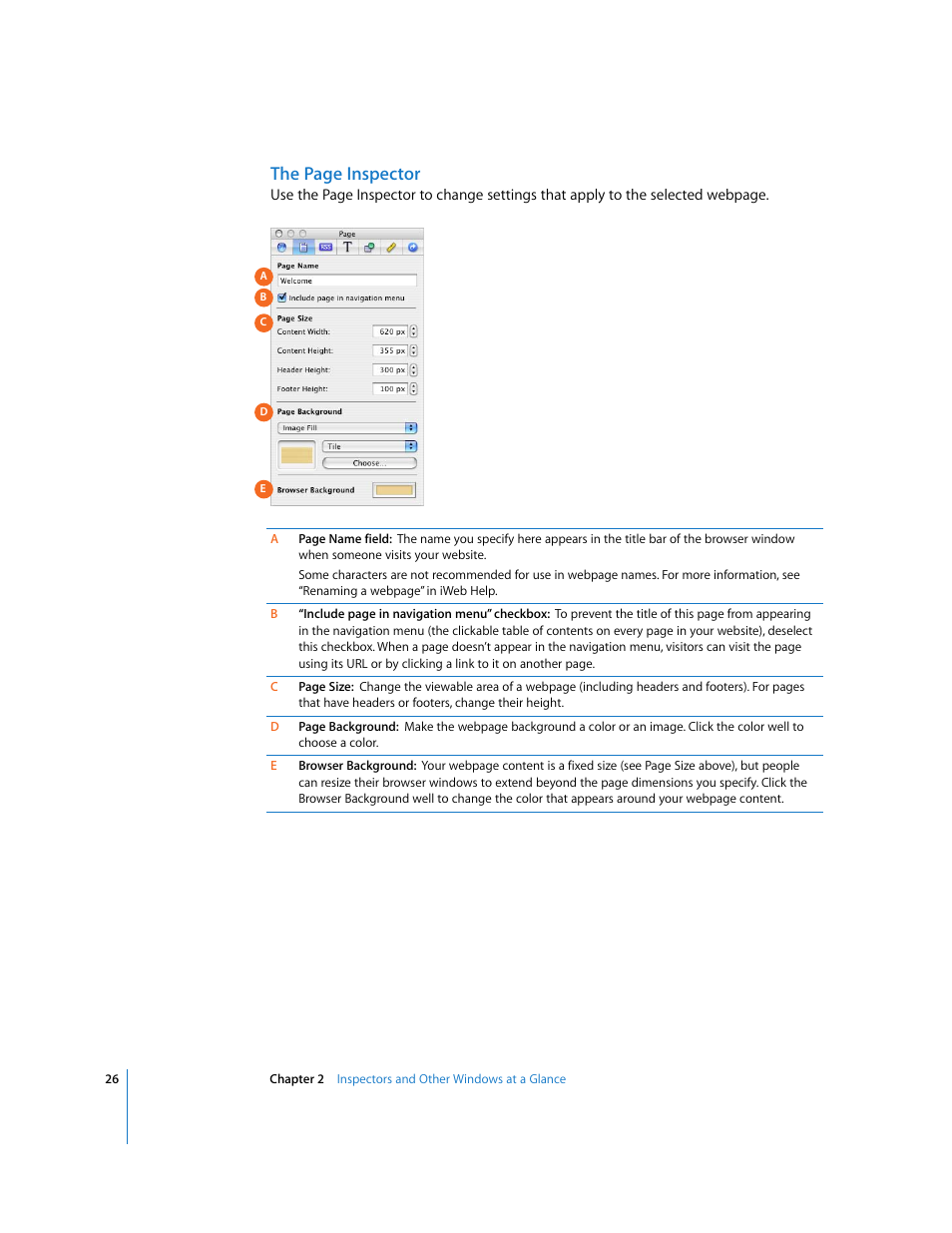 The page inspector | Apple iWeb User Manual | Page 26 / 37