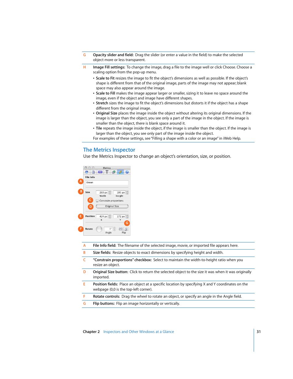 The metrics inspector | Apple iWeb User Manual | Page 31 / 37