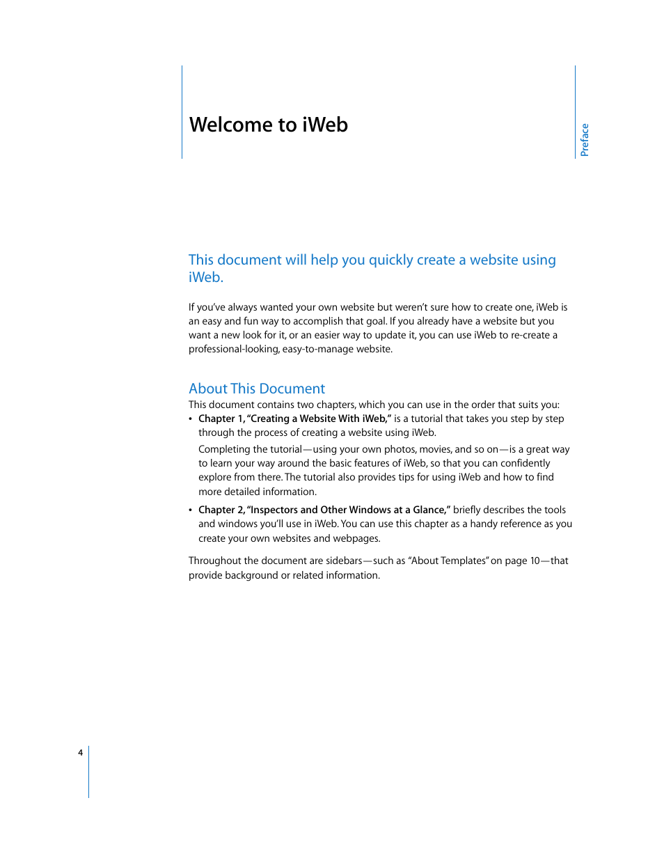 Welcome to iweb, About this document, Preface | Apple iWeb User Manual | Page 4 / 37