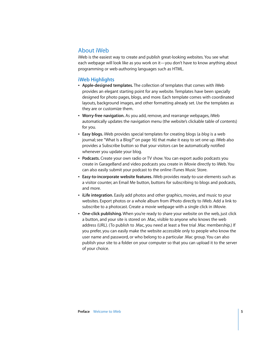 About iweb, Iweb highlights | Apple iWeb User Manual | Page 5 / 37