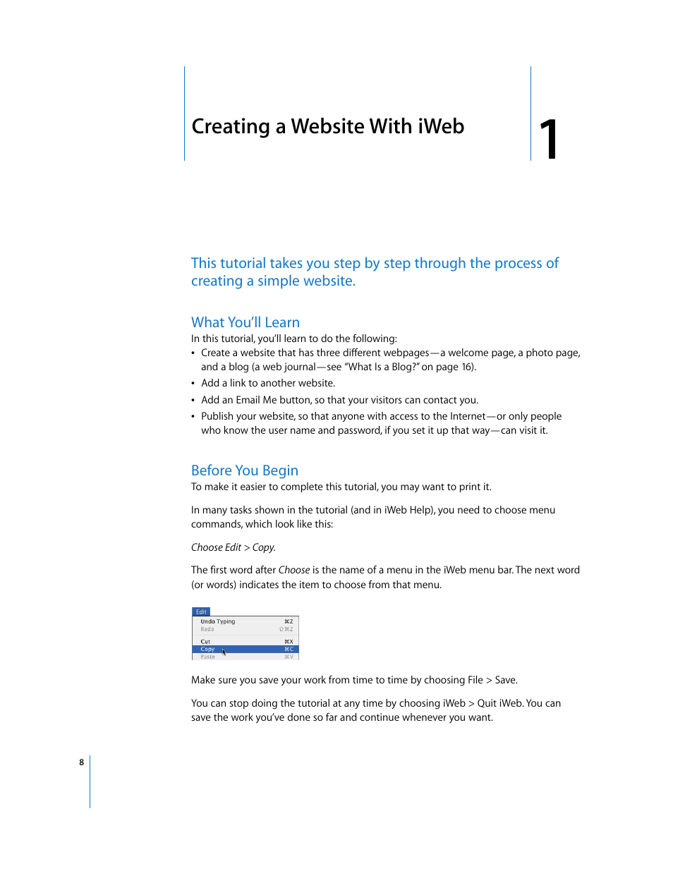 Creating a website with iweb, What you’ll learn, Before you begin | Chapter 1 | Apple iWeb User Manual | Page 8 / 37
