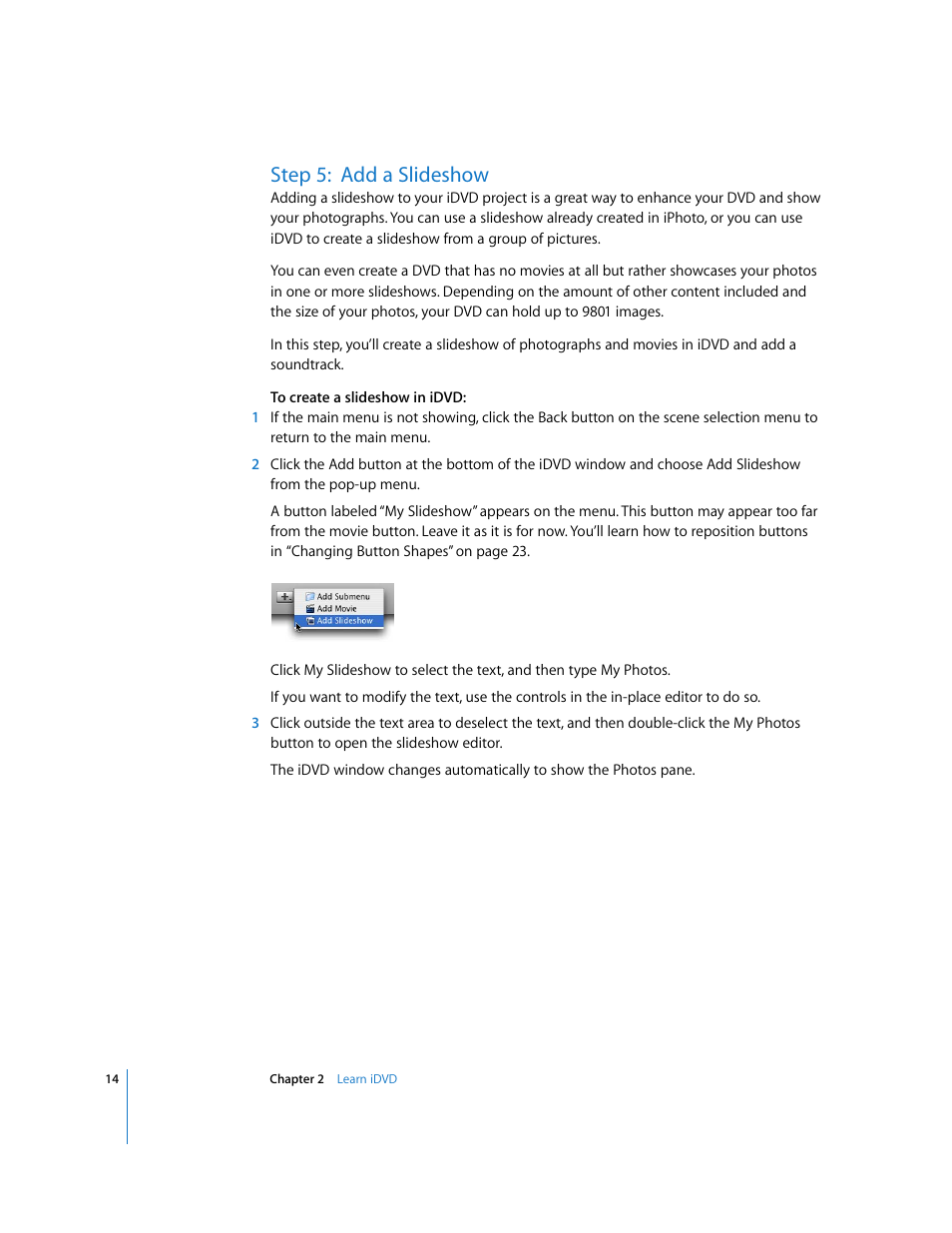 Step 5:add a slideshow, Step 5: add a slideshow | Apple iDVD '08 User Manual | Page 14 / 35