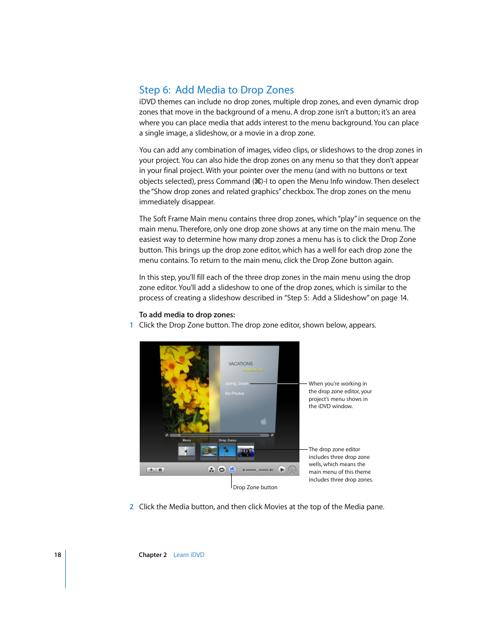 Step 6:add media to drop zones, Step 6: add media to drop zones | Apple iDVD '08 User Manual | Page 18 / 35