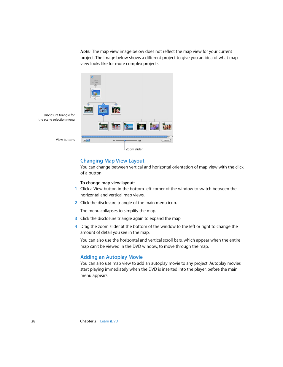Changing map view layout, Adding an autoplay movie | Apple iDVD '08 User Manual | Page 28 / 35